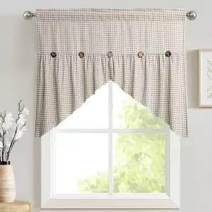 거실용 Gxi 라이트 브라운 체크무늬 스웨그 버튼 주방 커튼 면 농가용 밸런스 프라이버시 로드 포켓 보호