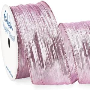 리블리 샴페인 핑크 주름 와이어 리본 메탈릭 엣지 화환 토퍼 보우 스웨그 크리스마스 트리 장식 21/2 인치