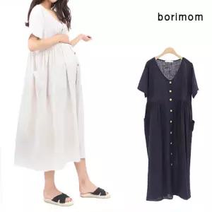 임산부 단추V포켓 린넨 원피스 롱 임부복 TA519