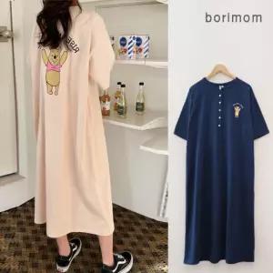 [디즈니]단추 푸우 수유 원피스 반팔 여름 수유복 임부복 겸용