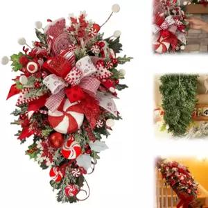 크리스마스 스웨그 캔디 지팡이 화환 활이 달린 눈물방울 현관문 장식용 활기찬 장식 공 실내 야외 사용에
