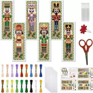성인 초보자를 위한 FREEBLOSS 6PCS 크리스마스 크로스 스티치 북마크 키트 호두까기 인형 패턴 스탬프