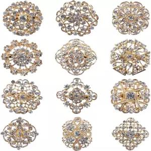 결혼 부케 파티 장식 브로치 세트용 라인스톤 크리스탈 플라워 핀이 있는 여성용 금 또는 은 및 핀 세트
