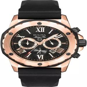 불로바 남성 마린 스타 시리즈 A 로즈 골드 스테인리스 스틸 6핸드 크로노그래프 쿼츠 워치 블랙 실리콘