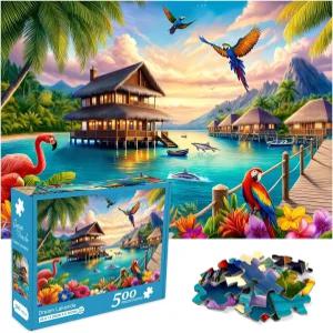 크럼 500피스 퍼즐 비치 캐빈 경치 좋은 직소 도전 해변 풍경 게임 나이트 플라밍고 새 돌고래를 위한 동물