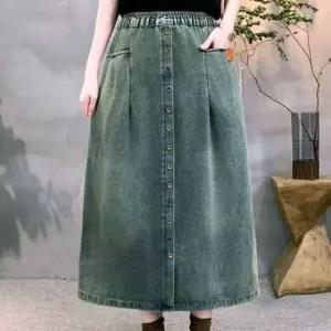 [애슬릿] 여성 데님 스커트 워싱 밴딩 롱 청치마 빅사이즈