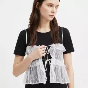 [샵앤] 여성 라운드 반팔티 끈나시 잔꽃레이스 프릴 뷔스티에 세트 SHA-WSET-21163