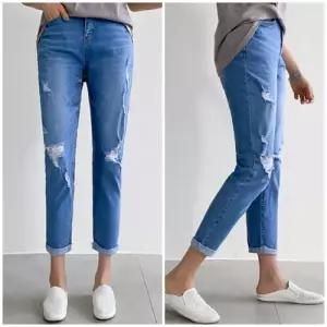 여성 스판 밴딩 배기 청바지 보이핏 데님팬츠 빅사이즈 찢청