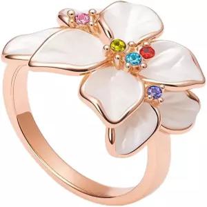 요정 커플 18K 로즈 골드 플라워 반지 진주 레인보우 CZ 꽃잎의 리데센트 마더 고정 사이즈 49 우아한