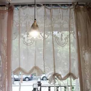 [마꼬꼬트]플라워 자수 린넨 타이 바란스 작은창 가리개 커튼