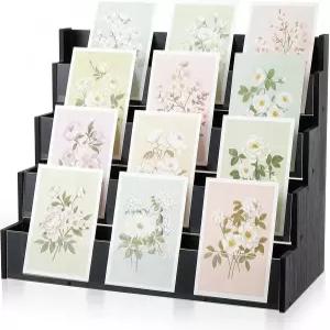 윤타우 4단 인사말 카드 디스플레이 스탠드 블랙 대나무 및 아크릴 스티커 트레이딩 홀더 공급업체 공예