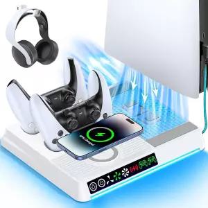 컨트롤러 및 무선 충전기가 있는 PS5/SLIM/PRO 냉각 스테이션 디스크 디지털 콘솔용 PS5 수직 스탠드 듀얼