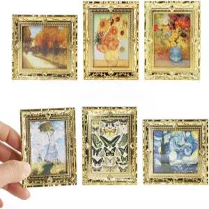 오도리아 인형의 집 벽 예술 미니어처 1/12 스케일 액자 그림 빈티지 - 갤러리용 미니 페인팅 골든 앤티크