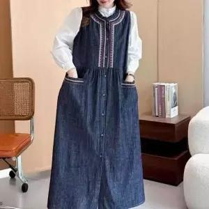 [애슬릿] 데님 롱 원피스 자수 민소매 레이어드 빅사이즈 청