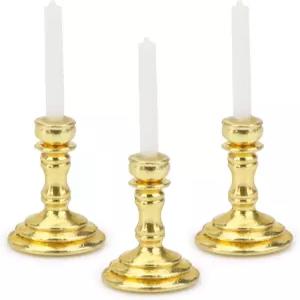 인형의 집 미니어처 캔들스틱 3개 세트 1/12 스케일 빈티지 캔들 책상 장식 액세서리 금속 원형 베이스