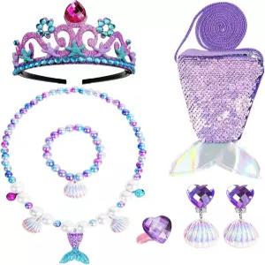 코일레이 인어공주 주얼리 여아용 인어 왕관 가짜 진주 목걸이 팔찌 지갑 반지 귀걸이 액세서리 세트