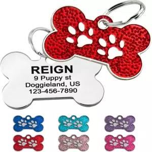 작은 개와 강아지를 위한 맞춤 각인 뼈 발 개 태그 ID 스테인리스 스틸 반짝이는 귀여운 분할 반지와