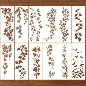 페인트용 잎 덩굴 테두리 스텐실 큰 패턴 재사용 가능한 꽃 벽 12개 나무 DIY 홈 캔버스 옷장 공예 장식용