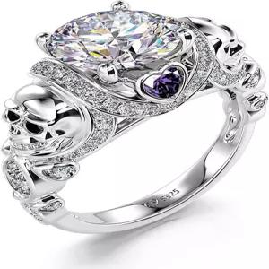 줄리아 2.55ct 해골 약혼 반지 세트 스털링 실버 하트 컷 레드 다이아몬드 루비 큐빅 지르코니아 결혼식