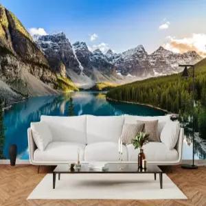 YhLHDzbb 스노우 마운틴 레이크 3D 벽 벽화 자연 경관 필 앤 스틱 벽지 탈착식 포스터 스티커 침실 거실