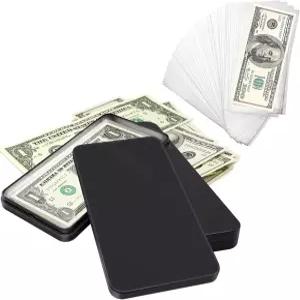 100개의 PCS 투명 종이 화폐 홀더가 있는 2개의 금속 현금 상자 보관함 달러 지폐 보호 소매용 단일 줄