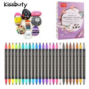 메탈 페인트 마커 펜 원형 및 치즐 듀얼 팁 글리터 낙서 눈부심 드로잉 부활절 에그 스톤 아트 12/24 색