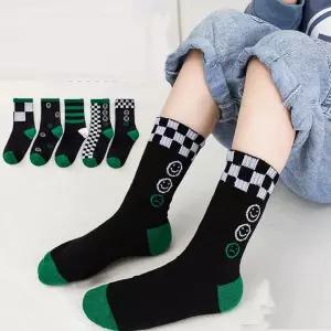 흑백체크스마일 중목 5족 학생 양말세트