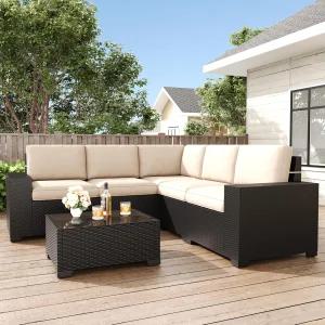 레이인선 6피스 파티오 가구 세트 블랙 라탄 모듈형 섹션형 야외 대화 소파