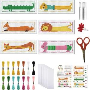 프리블로스 6종 세트 크로스 스티치 북마크 키트 스탬프 11CT 자수 성인 초보자용 크리에이티브 동물 패턴