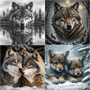 초보자를 위한 4PCS 11CT 스탬프 크로스 스티치 키트 프린트 자수 DIY 니들포인트 스노우 울프 패턴 홈