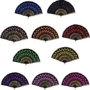 Rbenxia 빈티지 접이식 손 선풍기 원단 자수 스팽글 팬 팩 10개 랜덤 색상