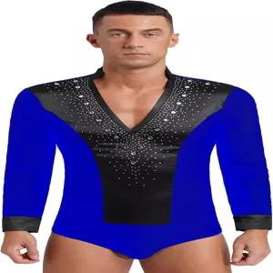 란 남성 라틴 댄스 셔츠 탑 볼룸 모던 스트레치 긴 소매 라인스톤 피겨 스케이팅 레오타드 코스튬