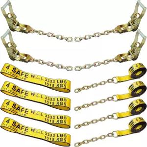 메가 카고 컨트롤 8포인트 롤백 차량 타이 다운 키트 양쪽 끝에 체인 테일 4팩 노란색 견인 스트랩