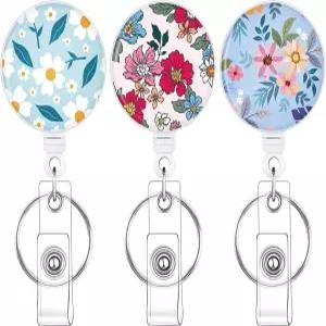 사무직 교사 간호사 학생 ( 블루 플라워 )를 위한 키 링 접이식 배지 홀더가 포함된 베사르 3팩 릴링 클립