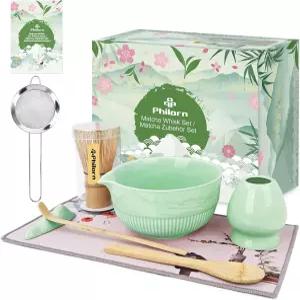 필혼 말차 거품기 세트 9개 세라믹 마차 키트 및 그릇 스파우트 홀더 대나무 스쿱 레스트 체 티 타월 포함