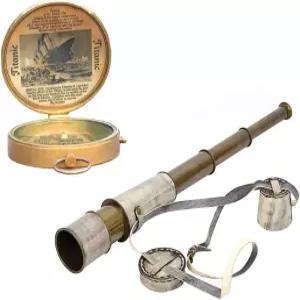회색 가죽이 있는 빈티지 황동 스파이글래스 - 타이타닉 각인 휴대용 망원경 및 내장 나침반 여행 선물용