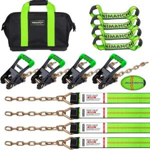 미만치 8포인트 롤백 차량 타이 다운 스트랩 키트 2인치 x 16인치 래칫 핸들 양쪽 끝에 체인 테일이 있는