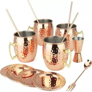 PG 모스크바 뮬/콕테일 바 세트 15개 구리/로즈 골드 색상 고급 SS 뮬 머그잔 4개 포함 빨대 청소기 리얼