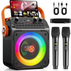 노래방 기계 무선 마이크 2개 포함 휴대용 블루투스 스피커 에코 조정이 가능한 PA 시스템 LED 조명 홈