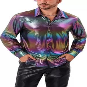 디스코 파티 나이트클럽 댄스 샤이니 셔츠를 위한 남성 홀로그램 메탈릭 탑 긴팔 버튼 다운 셔츠