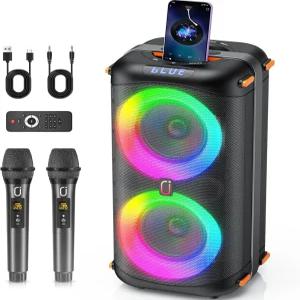 무선 마이크 2개 포함 노래방 기계 가정/파티/야외용 휴대용 블루투스 5.3 스피커 에코 조절/LED 조명 탑재