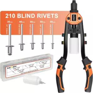 케리 14인치 리벳 건 210개 리벳이 장착된 1/4인치 팝 5개의 노즈피스가 헤비 듀티 양손 도구 키트 금속