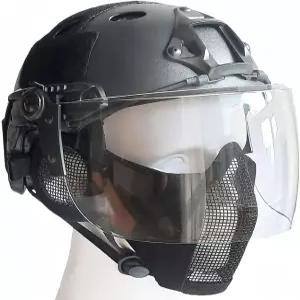 페이스 쉴드 바이저와 이어 커버가 있는 하부 가드 메쉬 하프 마스크가 장착된 전술 에어소프트 PJ 타입