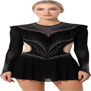 여성용 유주 피겨 스케이팅 드레스 긴팔 메쉬 라인스톤 스 발레 서정적인 댄스웨어
