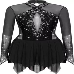 훌리자 여성 라인스톤 피겨 스케이팅 드레스 긴 소매 하이 로우 헴 롤러 체조 댄스웨어
