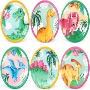 Whaline 수채화 공룡 생일 파티 접시 6 디자인 테마 장식 다채로운 식기 종이 9 인치 여름 열대 용품
