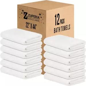 ZUPERIA 화이트 목욕 타월 벌크 12팩22 x 44 인치 상업용 100 면 경제성 경량 퀵 드라이 울트라 소프트