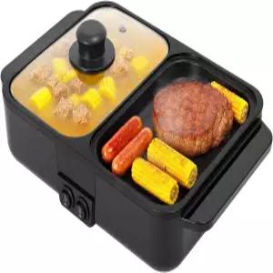 BGSHKAL 1200W 전기 야외 그릴 뚜껑 2in1 핫팟 논스틱 바비큐 2가지 온도 기어 투명 방열 구멍 긴 전원