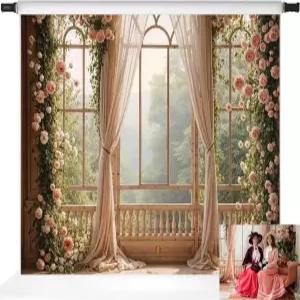 사진 촬영을 위한 케이트 플라워 월 배경 아치 창 커튼 웨딩 소품 7x5피트