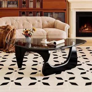 유리 커피 테이블 상판과 천연 목재 베이스가 있는 블랙 유니크 거실 중앙 작은 공간을 위한 러스틱 스몰